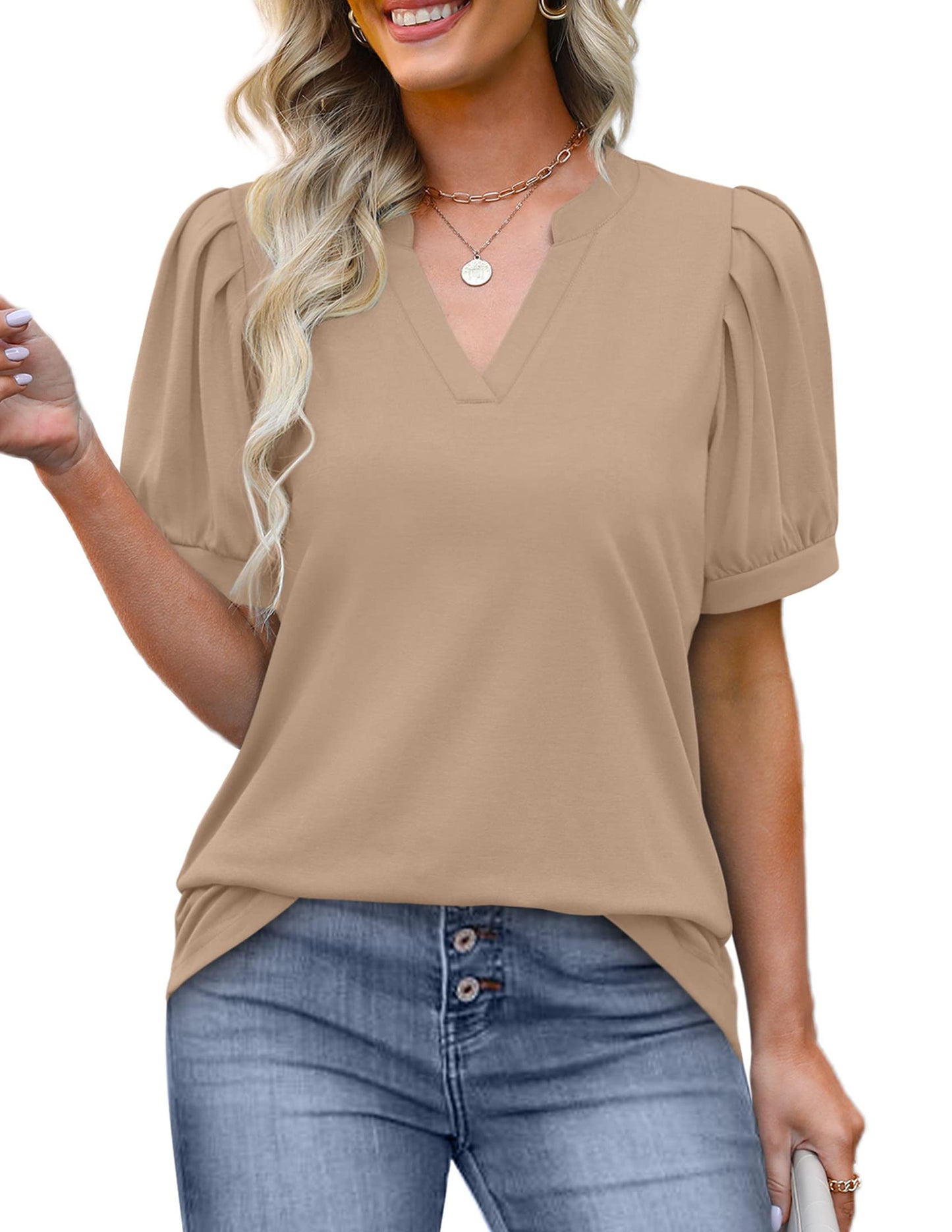 ✨Women's Pleated Puff Sleeve V Neck Tunic Tops