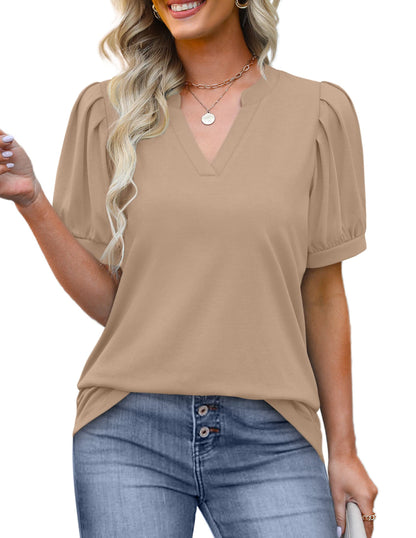 ✨Women's Pleated Puff Sleeve V Neck Tunic Tops