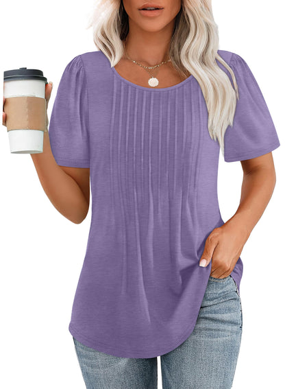 Women's Short Sleeve Pleated Dressy Casual Scooped Neck Tops