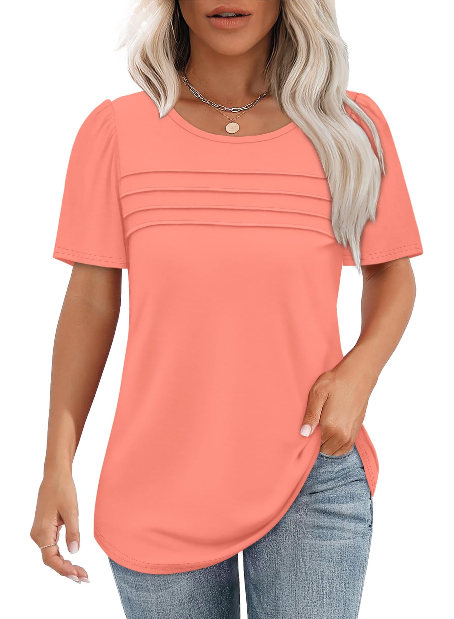 ✨Women's Short Sleeve Pleated Front Scooped Neck Tops