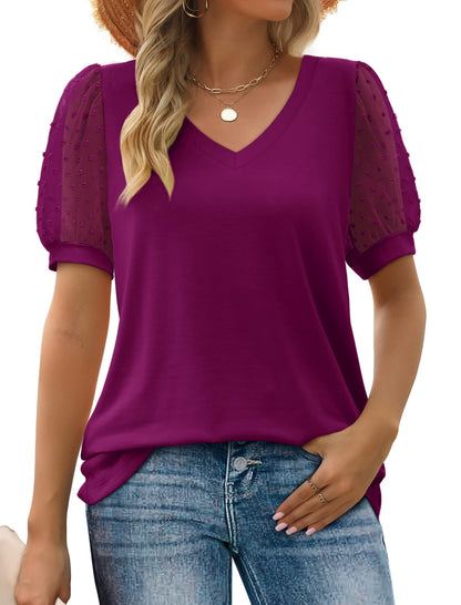 ✨New Women's Summer V Neck T Shirts Swiss Dot Puff Sleeve Tops