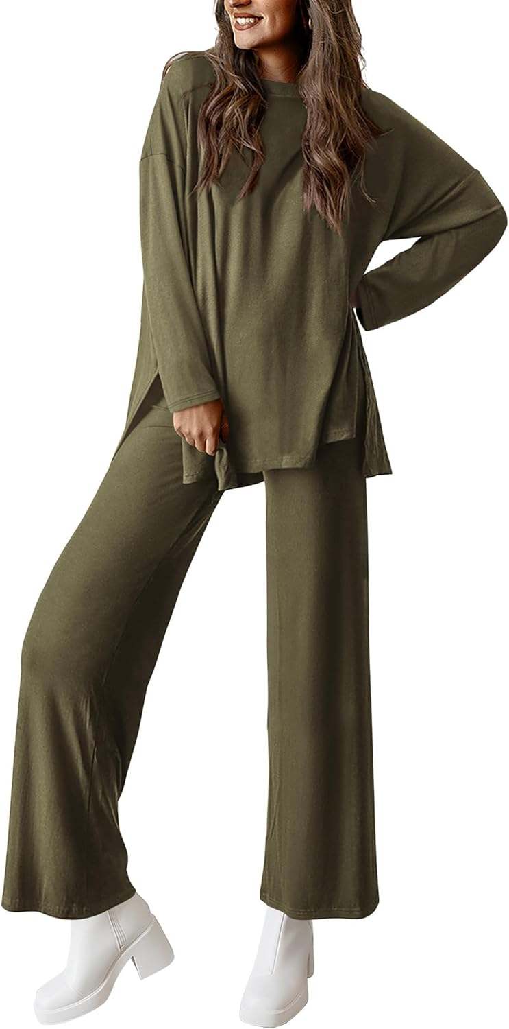 ✨Women's Matching Long Sleeve Shirts Wide Leg Pants Two Piece Lounge Sets