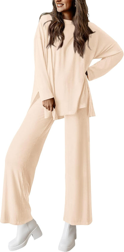 ✨Women's Matching Long Sleeve Shirts Wide Leg Pants Two Piece Lounge Sets