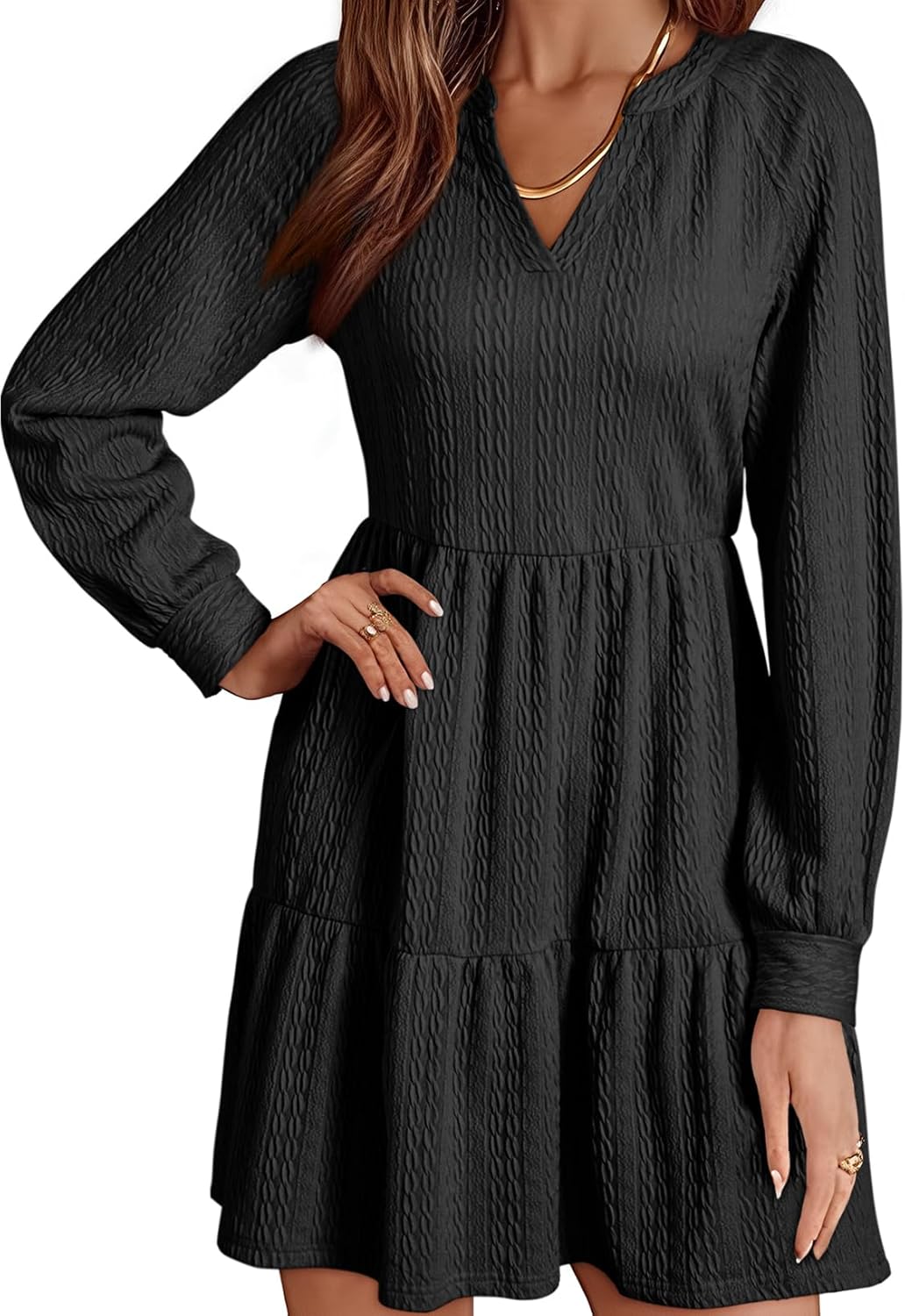 ✨Womens Long Sleeve V Neck Textured  Tiered Ruffle  Mini Babydoll Dress