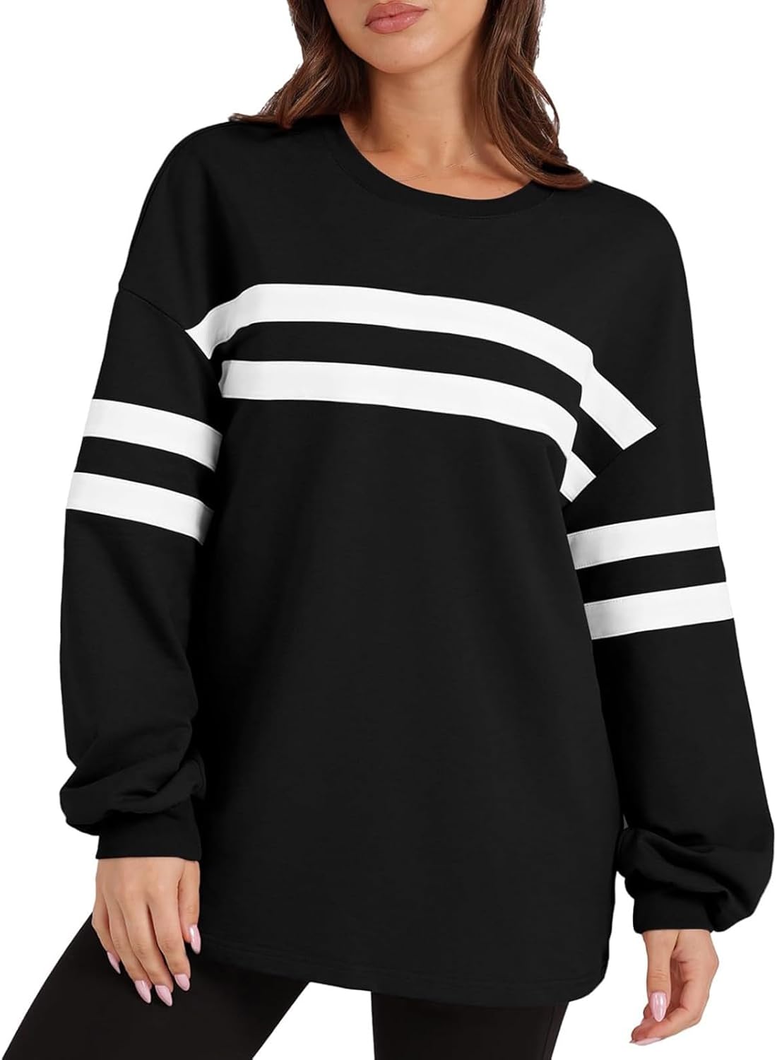 ✨Striped Oversized Sweatshirt Crewneck Long Sleeve Tops Casual Tunic Pullover