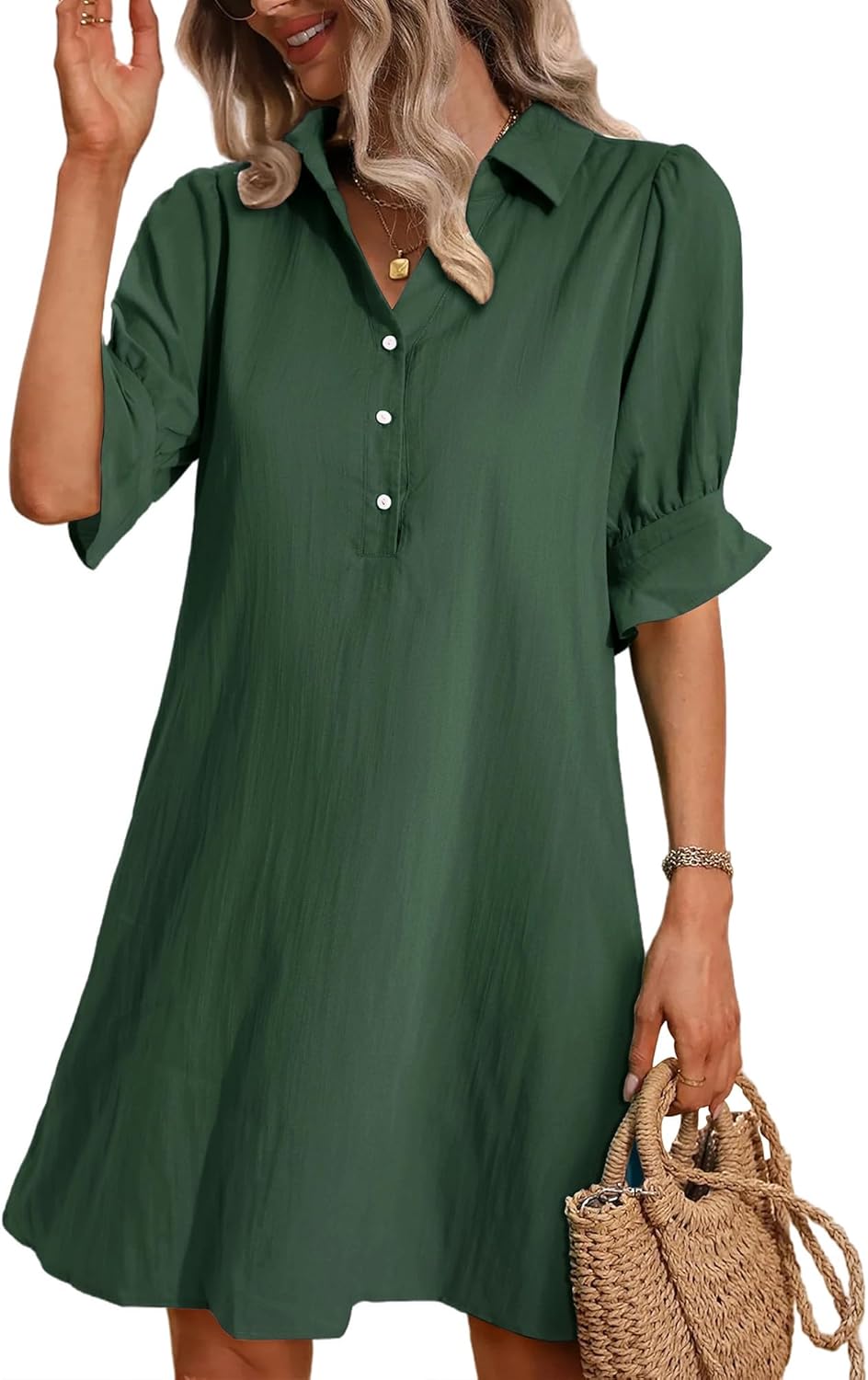 ✨Hot Sale-Womens Casual Shirt Dress Ruffle Sleeve Solid Color Button Down