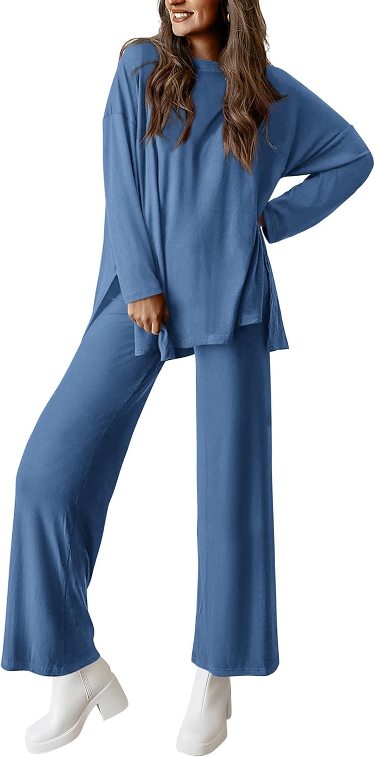 ✨Women's Matching Long Sleeve Shirts Wide Leg Pants Two Piece Lounge Sets