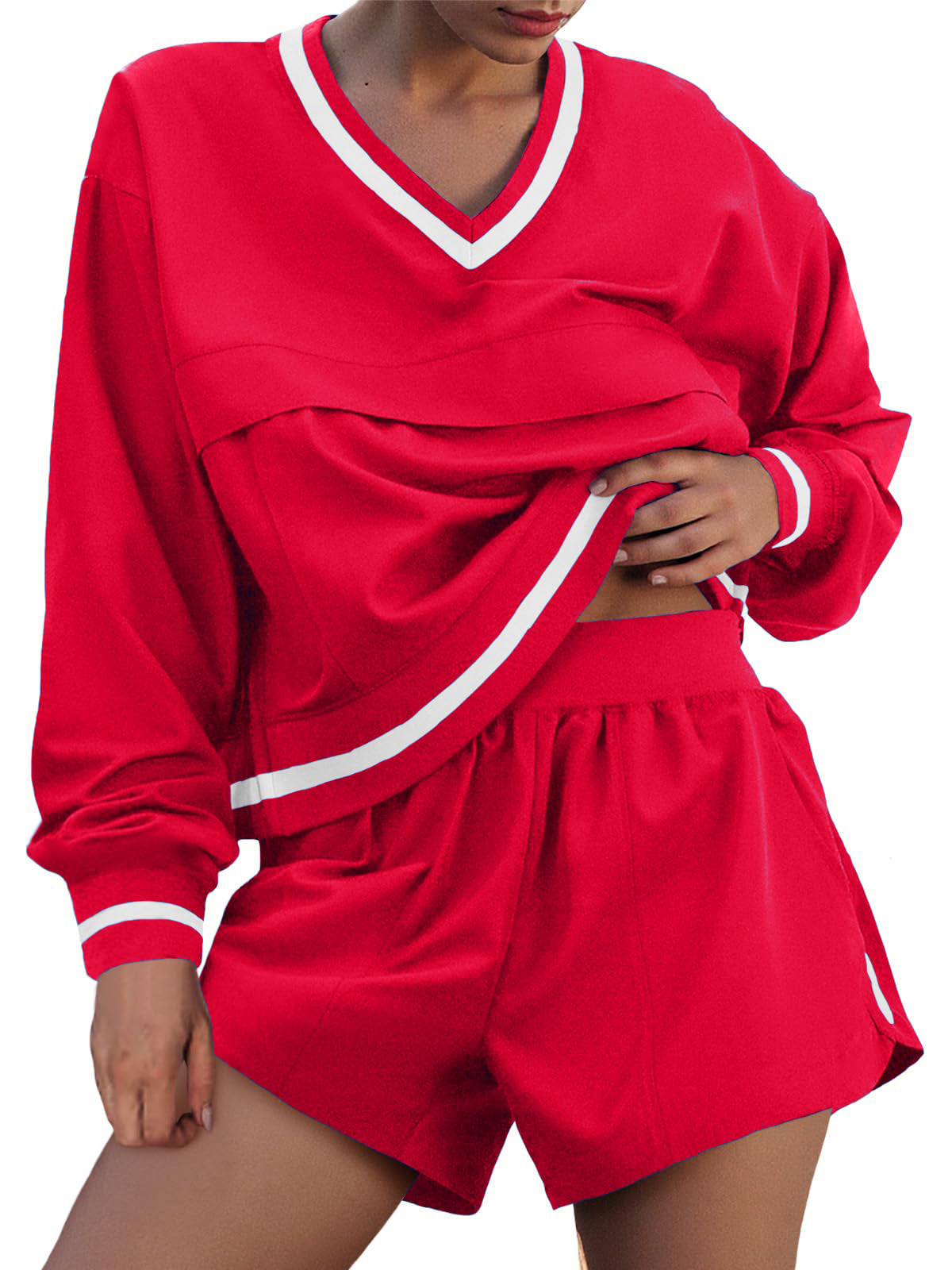 Womens Long Sleeve V Neck Sweatshirt High Waist Running Shorts Sets