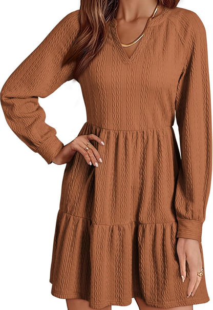 ✨Womens Long Sleeve V Neck Textured  Tiered Ruffle  Mini Babydoll Dress