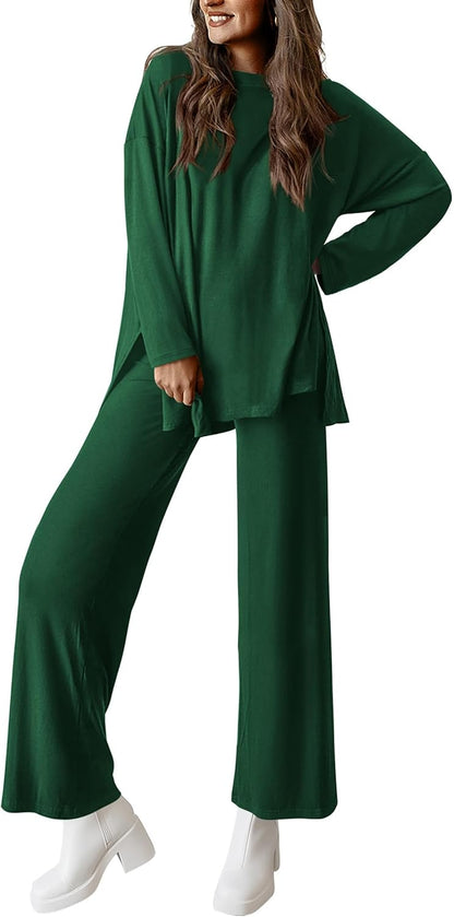 ✨Women's Matching Long Sleeve Shirts Wide Leg Pants Two Piece Lounge Sets