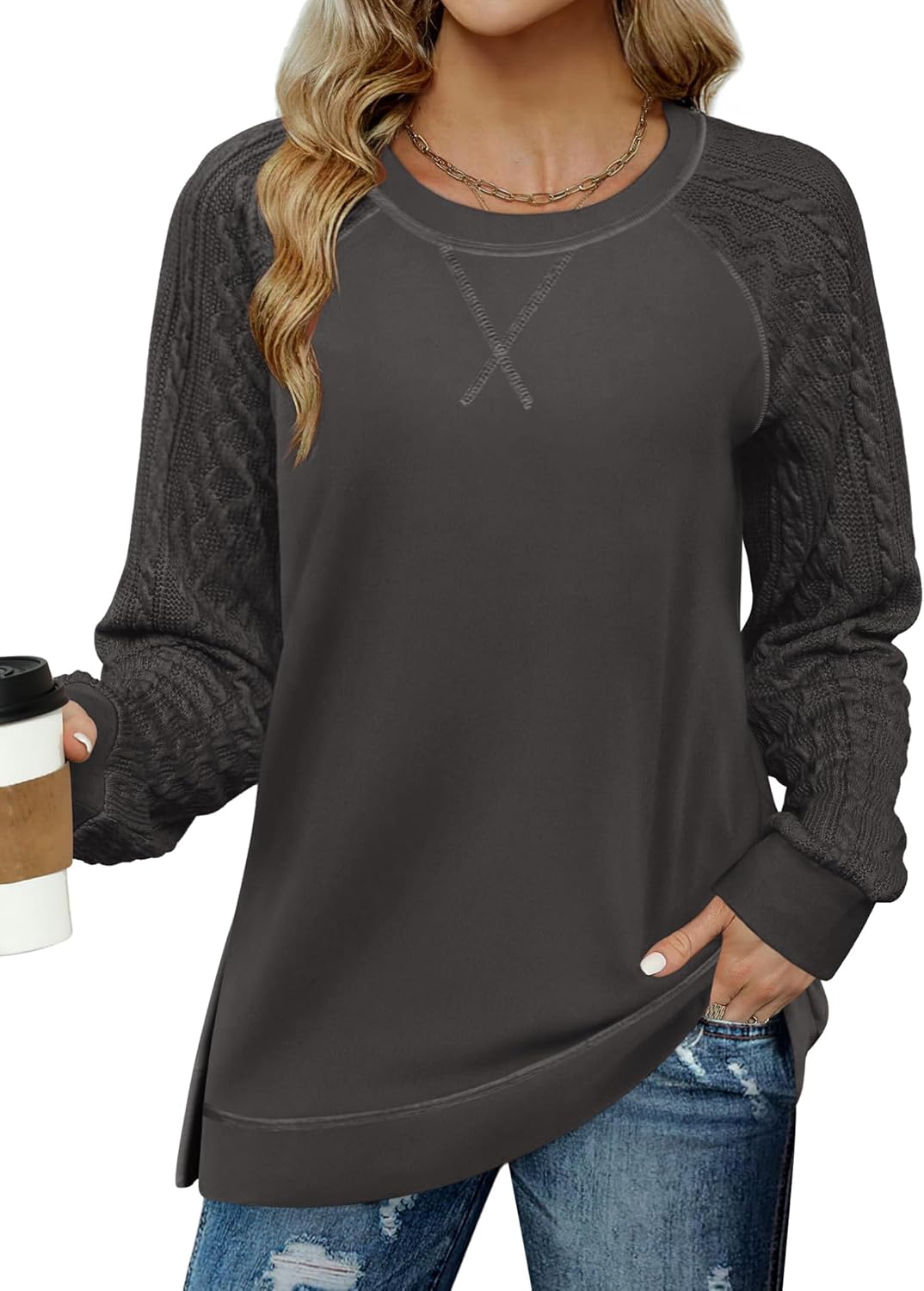 Womens  Lightweight Cable Knit Sleeve Shirts Trendy Fall Tunic Tops