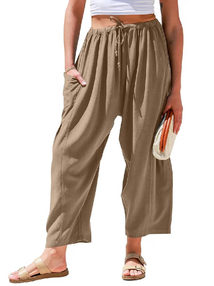 Womens Linen Drawstring Palazzo Harem Pants with Pockets