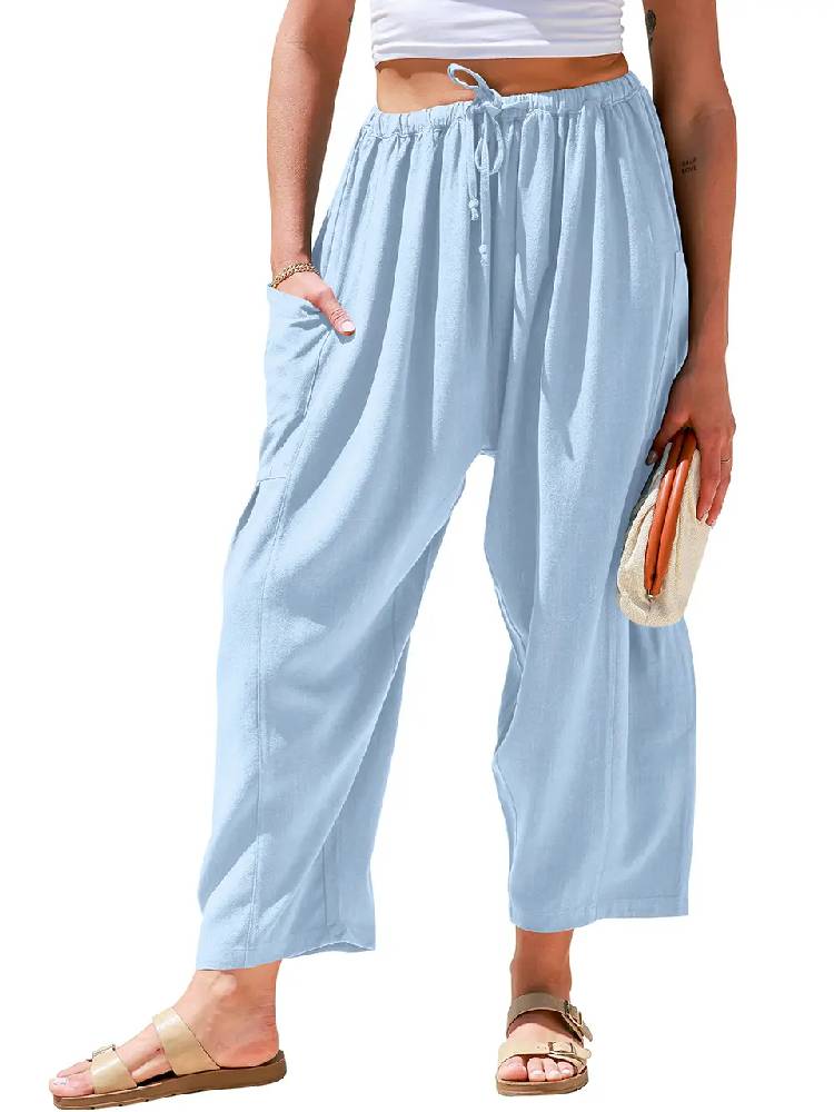 Womens Linen Drawstring Palazzo Harem Pants with Pockets