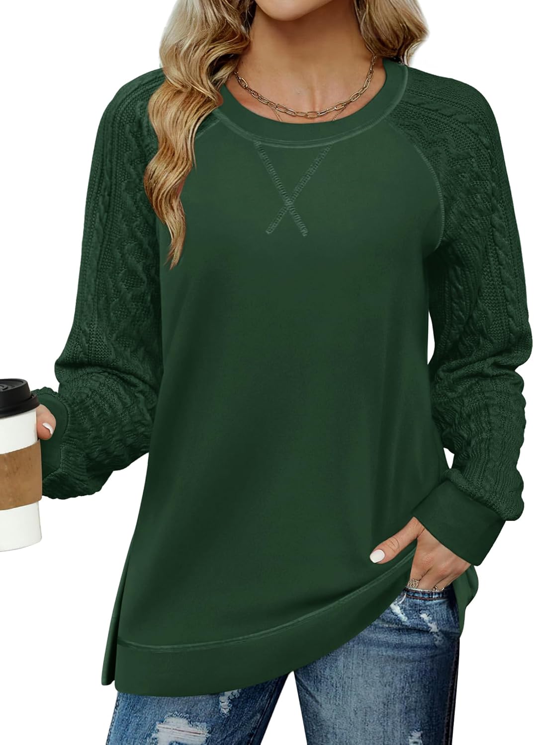 Womens  Lightweight Cable Knit Sleeve Shirts Trendy Fall Tunic Tops