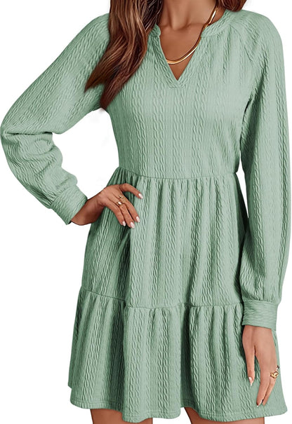 ✨Womens Long Sleeve V Neck Textured  Tiered Ruffle  Mini Babydoll Dress