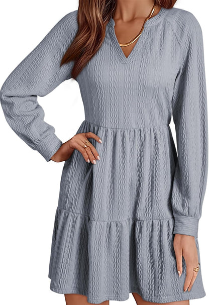 ✨Womens Long Sleeve V Neck Textured  Tiered Ruffle  Mini Babydoll Dress