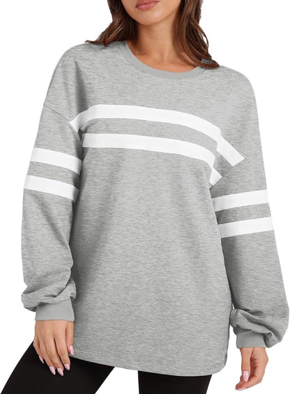 ✨Striped Oversized Sweatshirt Crewneck Long Sleeve Tops Casual Tunic Pullover