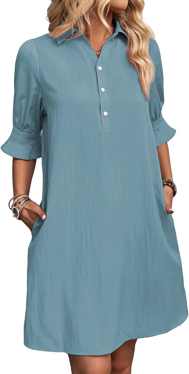 ✨Hot Sale-Womens Casual Shirt Dress Ruffle Sleeve Solid Color Button Down