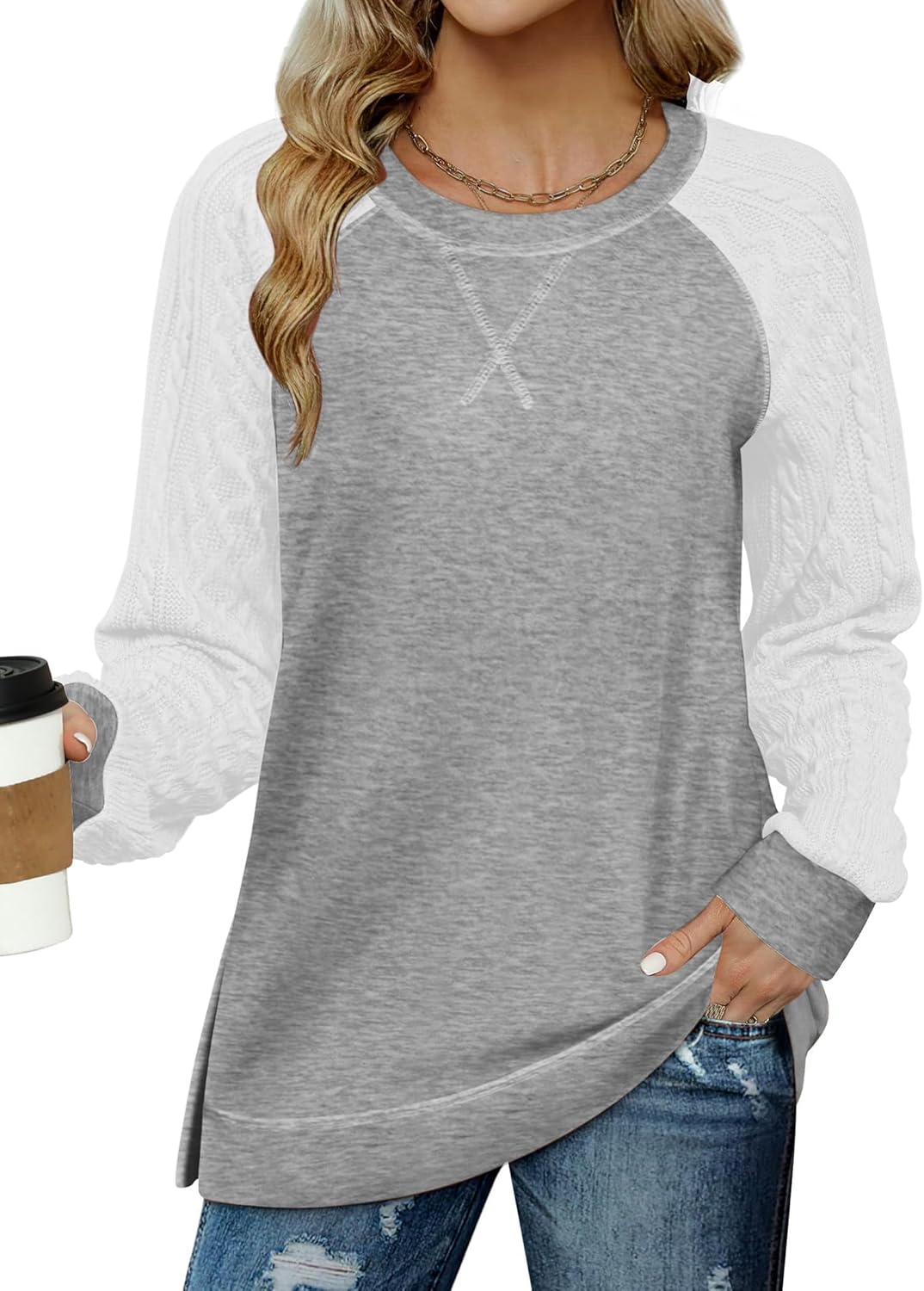 Womens  Lightweight Cable Knit Sleeve Shirts Trendy Fall Tunic Tops
