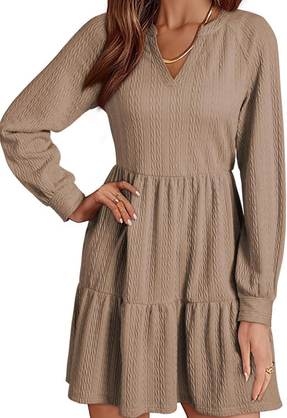 ✨Womens Long Sleeve V Neck Textured  Tiered Ruffle  Mini Babydoll Dress