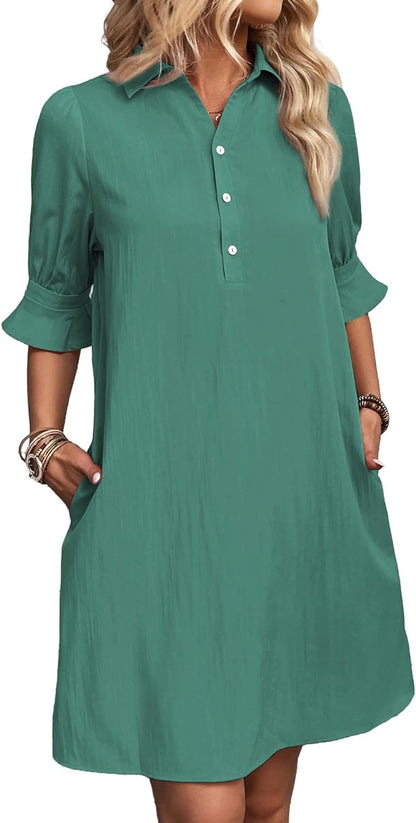 ✨Womens Casual Shirt Dress Ruffle Sleeve Solid Color Button Down