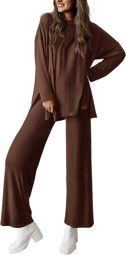 ✨Women's Matching Long Sleeve Shirts Wide Leg Pants Two Piece Lounge Sets