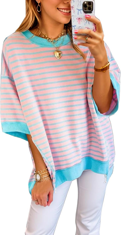 ✨Womens Oversized Striped Color Block Casual Half Sleeve Tops