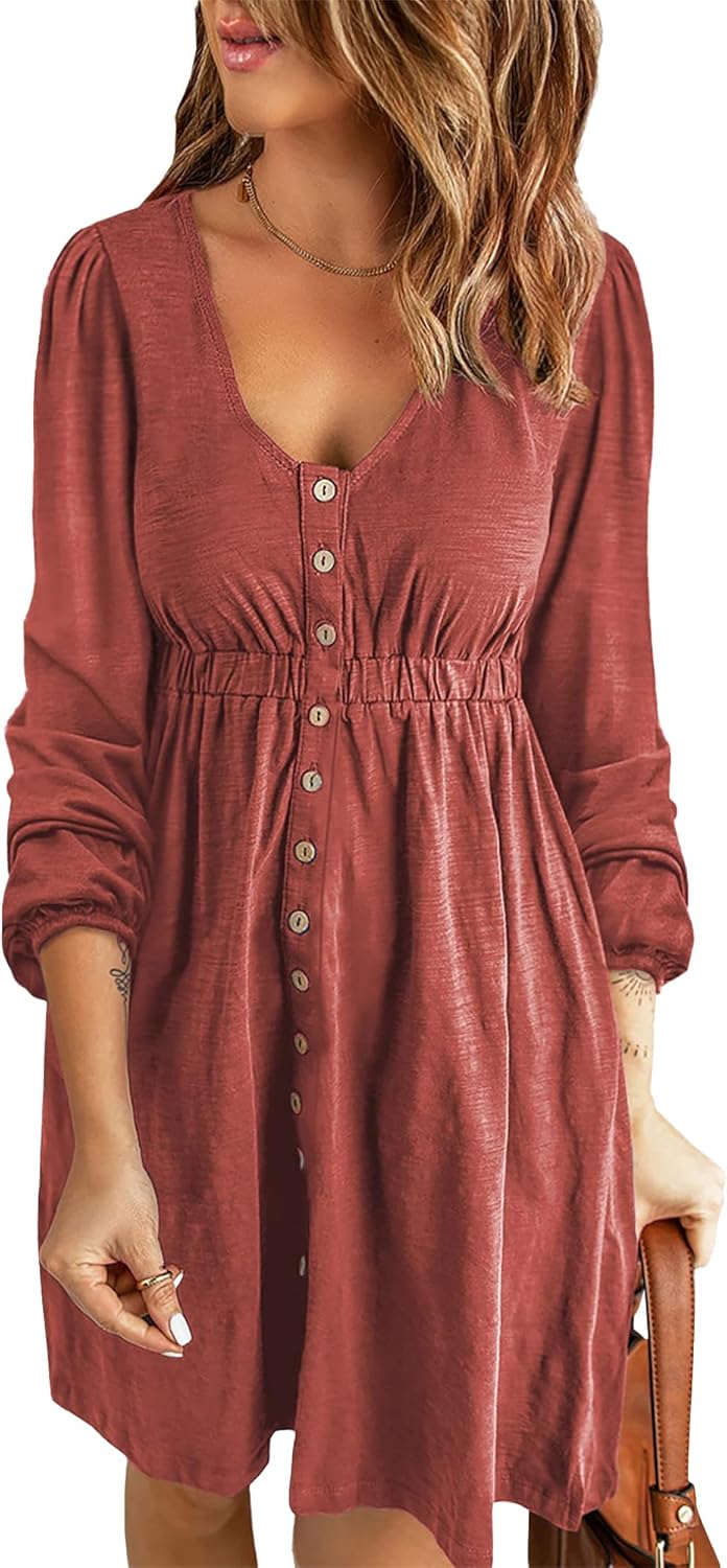 ✨Women  Button DownDresses Long Sleeve Crew Neck Solid  Dress