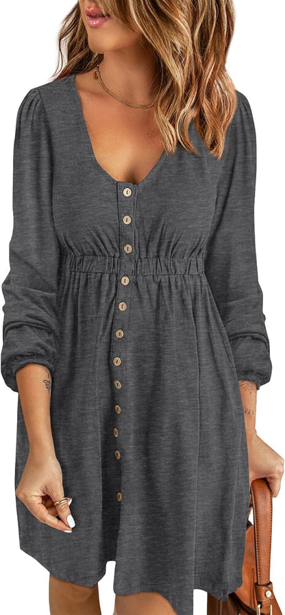 ✨Women  Button DownDresses Long Sleeve Crew Neck Solid  Dress