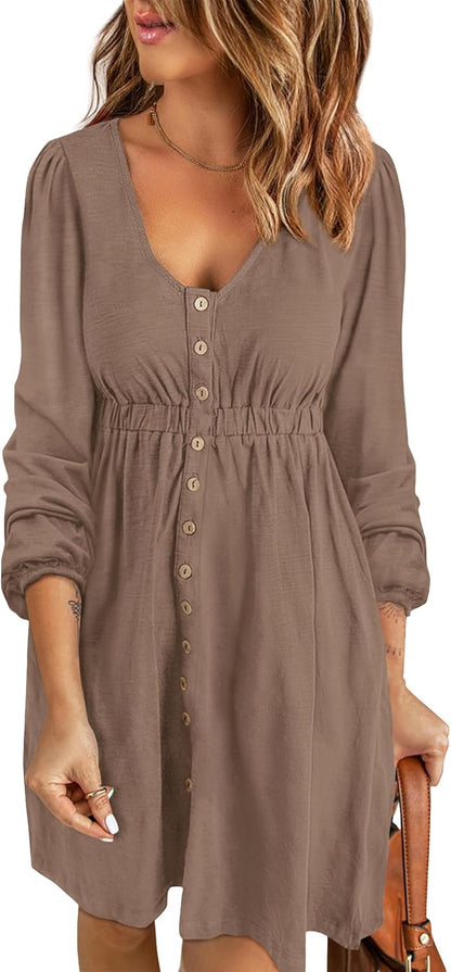 ✨Women  Button DownDresses Long Sleeve Crew Neck Solid  Dress