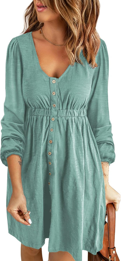 ✨Women  Button DownDresses Long Sleeve Crew Neck Solid  Dress