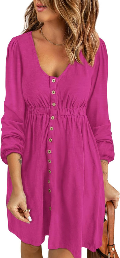 ✨Women  Button DownDresses Long Sleeve Crew Neck Solid  Dress