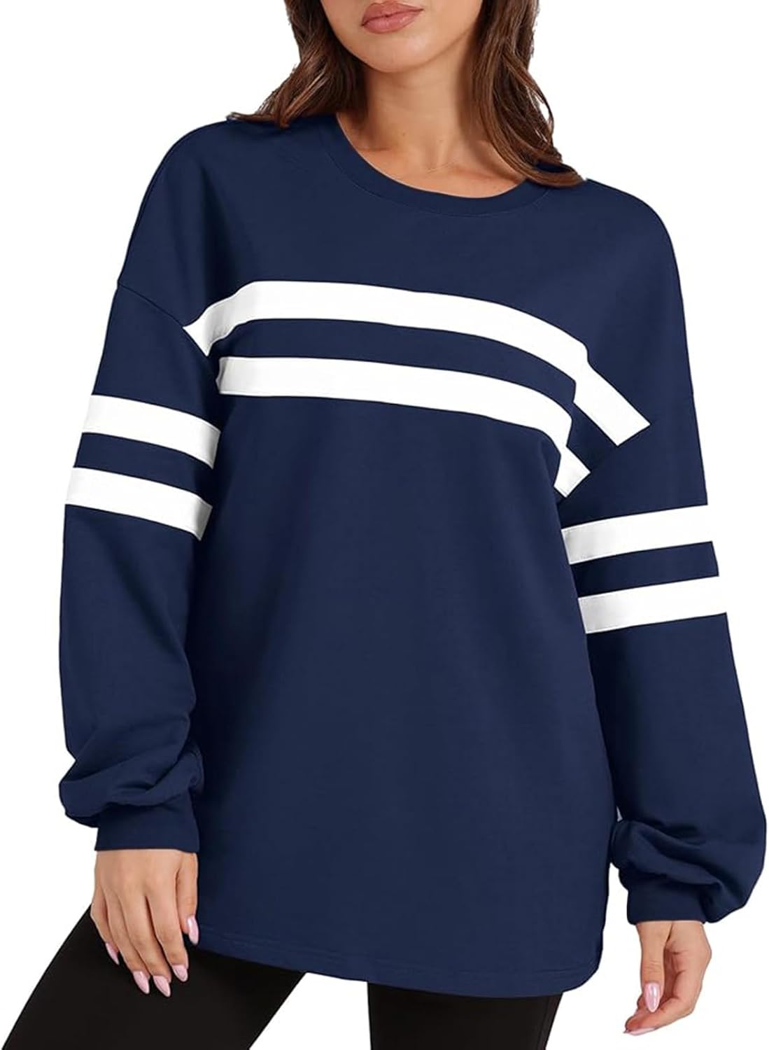 ✨Striped Oversized Sweatshirt Crewneck Long Sleeve Tops Casual Tunic Pullover