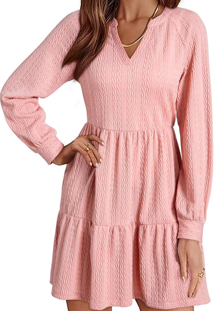 ✨Womens Long Sleeve V Neck Textured  Tiered Ruffle  Mini Babydoll Dress