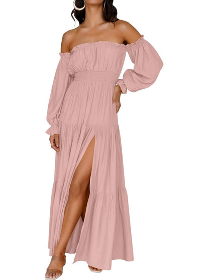 ⏰Hot Sale-Women's Boho Off Shoulder Long Sleeve Side Split Flowy A Line Long Maxi Dress
