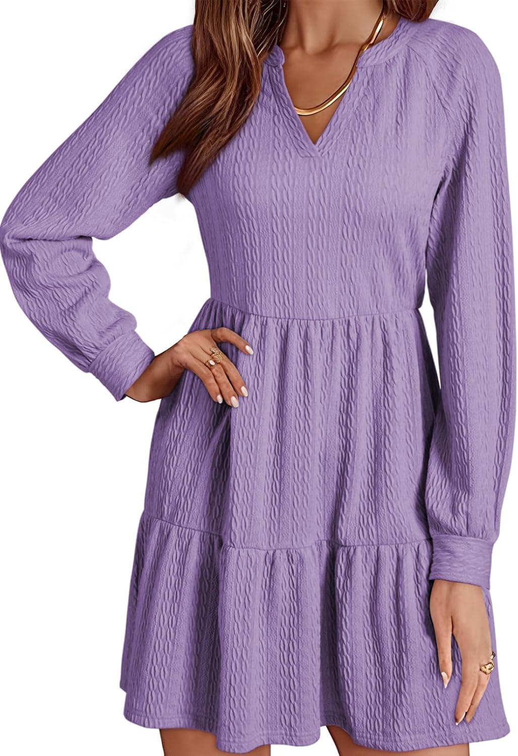 ✨Womens Long Sleeve V Neck Textured  Tiered Ruffle  Mini Babydoll Dress
