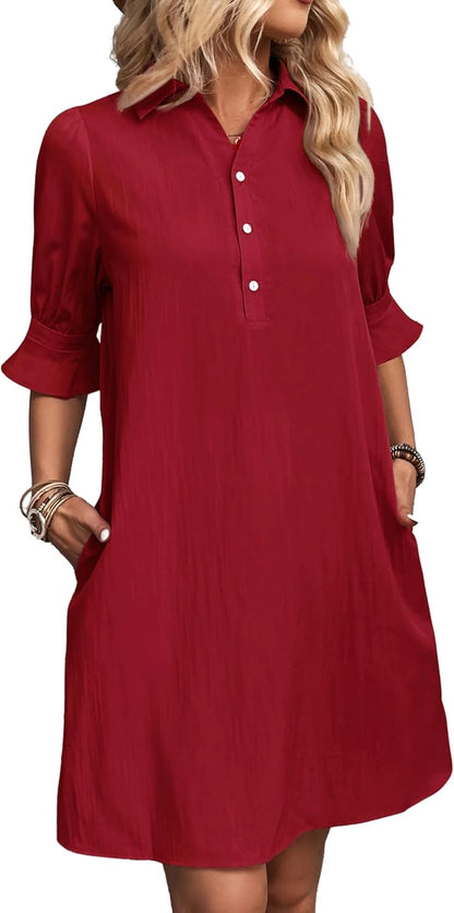 ✨Hot Sale-Womens Casual Shirt Dress Ruffle Sleeve Solid Color Button Down