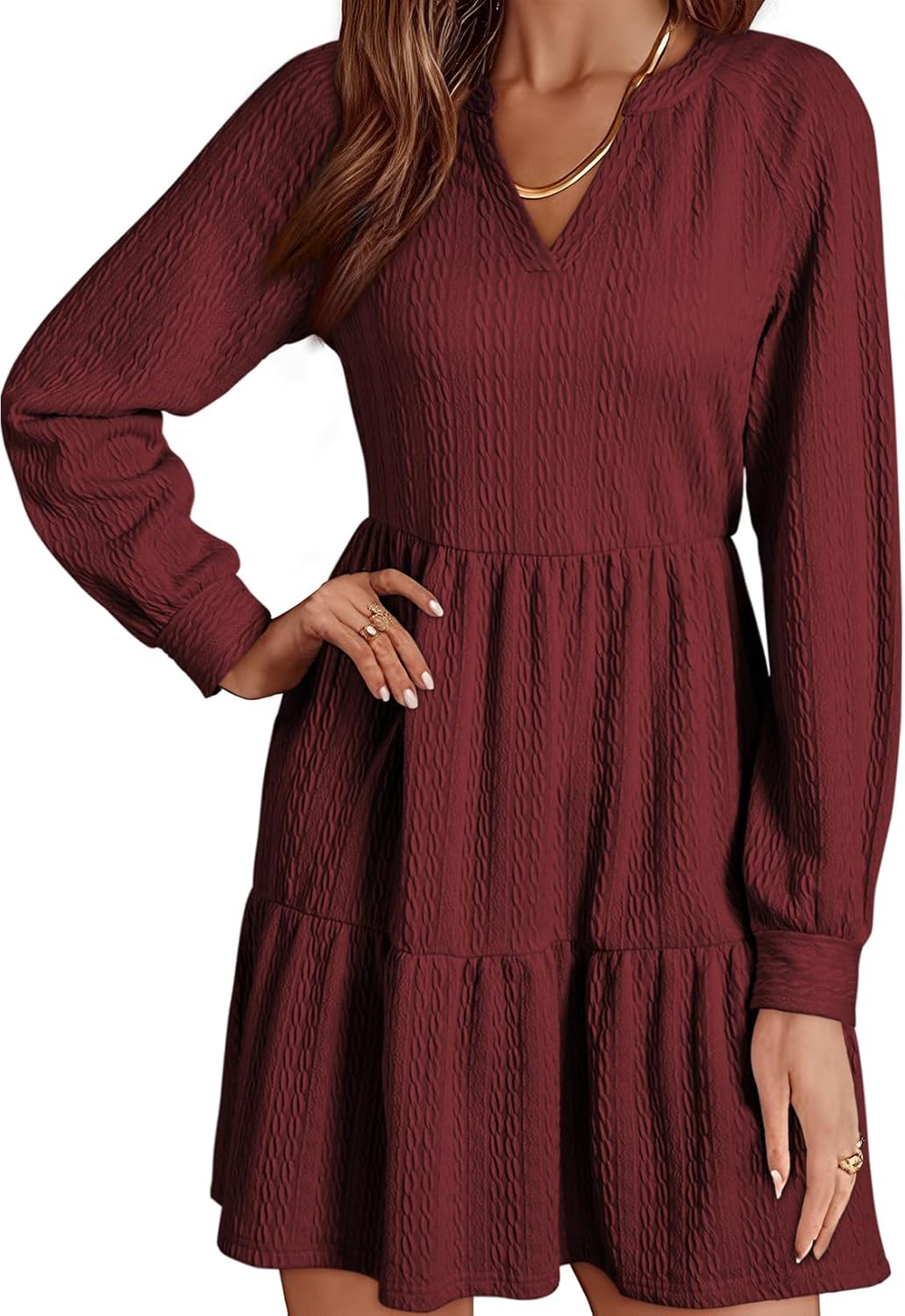 ✨Womens Long Sleeve V Neck Textured  Tiered Ruffle  Mini Babydoll Dress