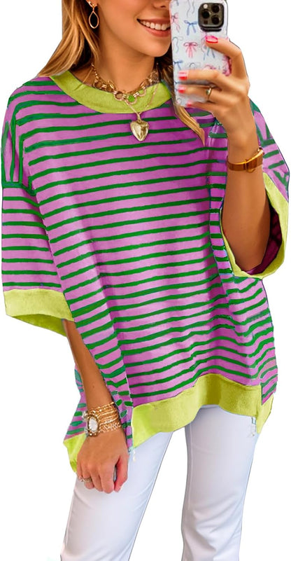 ✨Womens Oversized Striped Color Block Casual Half Sleeve Tops