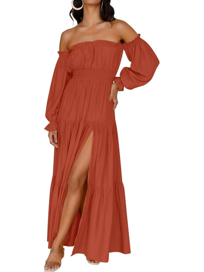 ⏰Hot Sale-Women's Boho Off Shoulder Long Sleeve Side Split Flowy A Line Long Maxi Dress