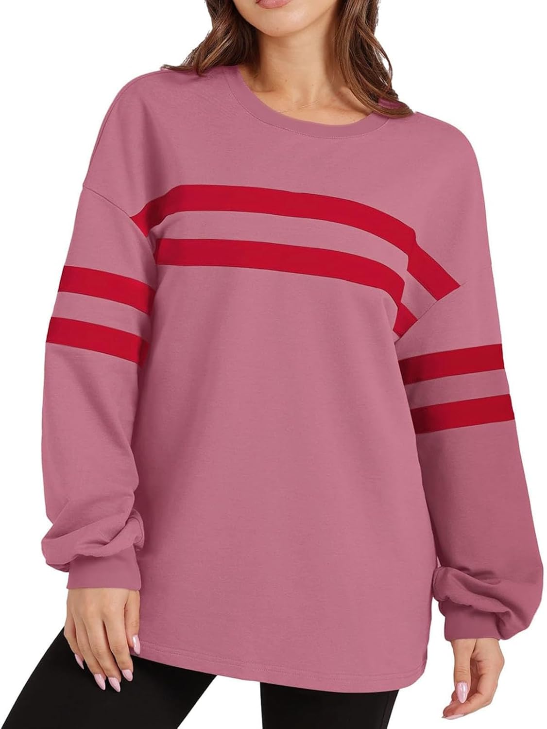 ✨Striped Oversized Sweatshirt Crewneck Long Sleeve Tops Casual Tunic Pullover