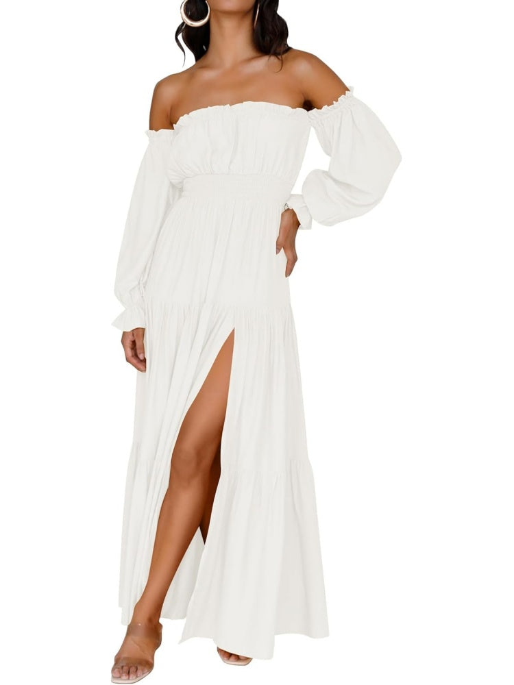 ⏰Hot Sale-Women's Boho Off Shoulder Long Sleeve Side Split Flowy A Line Long Maxi Dress
