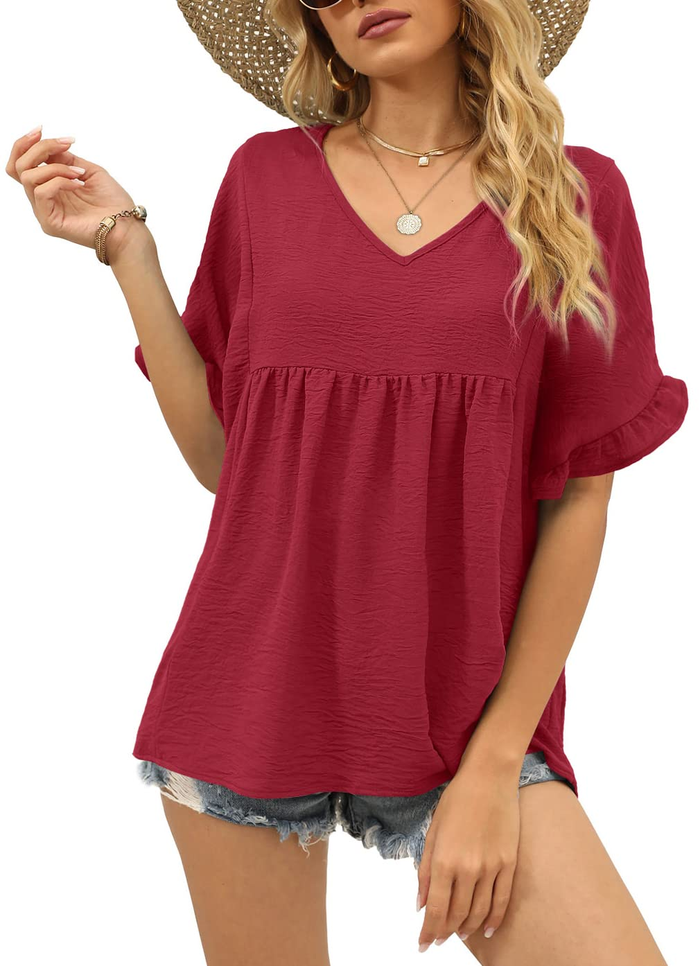 ✨Womens Tops Casual V Neck Ruffle Sleeve T Shirts Babydoll Loose Fit Peplum Tops