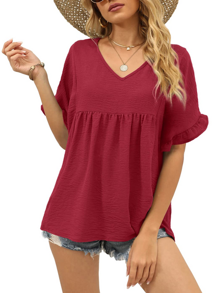 ✨Womens Tops Casual V Neck Ruffle Sleeve T Shirts Babydoll Loose Fit Peplum Tops