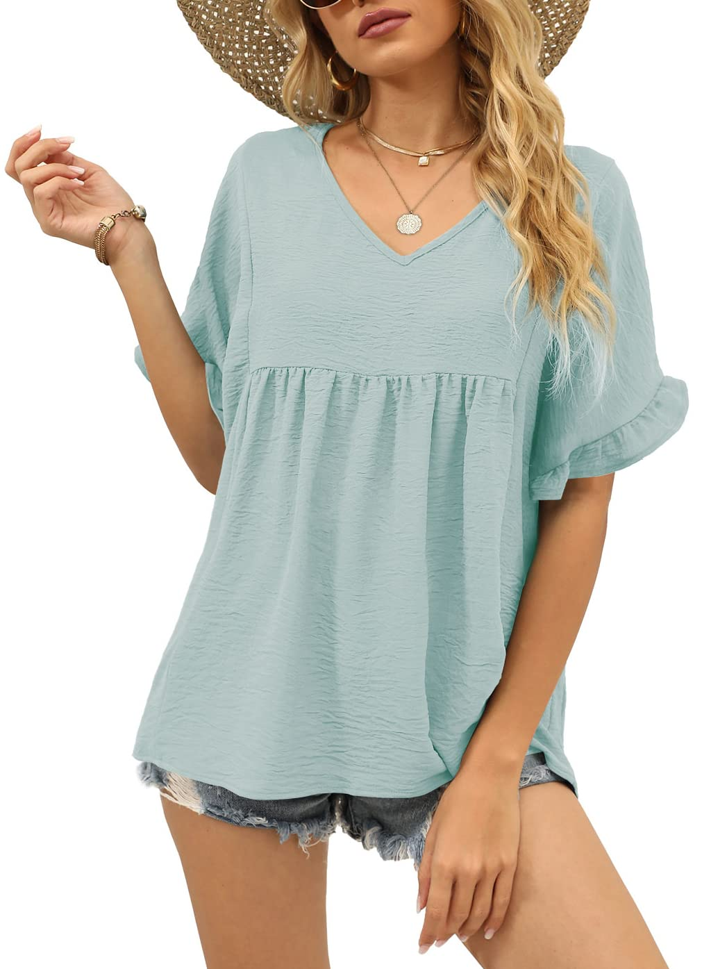✨Womens Tops Casual V Neck Ruffle Sleeve T Shirts Babydoll Loose Fit Peplum Tops