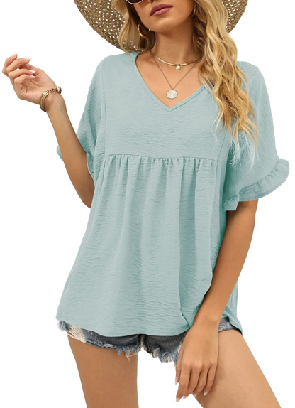 ✨Womens Tops Casual V Neck Ruffle Sleeve T Shirts Babydoll Loose Fit Peplum Tops