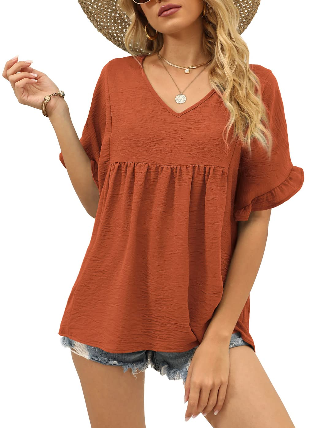 ✨Womens Tops Casual V Neck Ruffle Sleeve T Shirts Babydoll Loose Fit Peplum Tops
