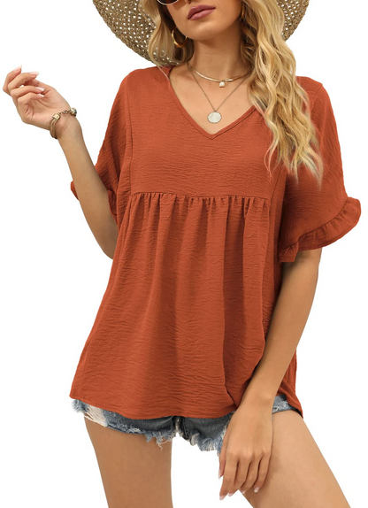 ✨Womens Tops Casual V Neck Ruffle Sleeve T Shirts Babydoll Loose Fit Peplum Tops