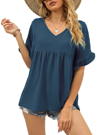 ✨Womens Tops Casual V Neck Ruffle Sleeve T Shirts Babydoll Loose Fit Peplum Tops