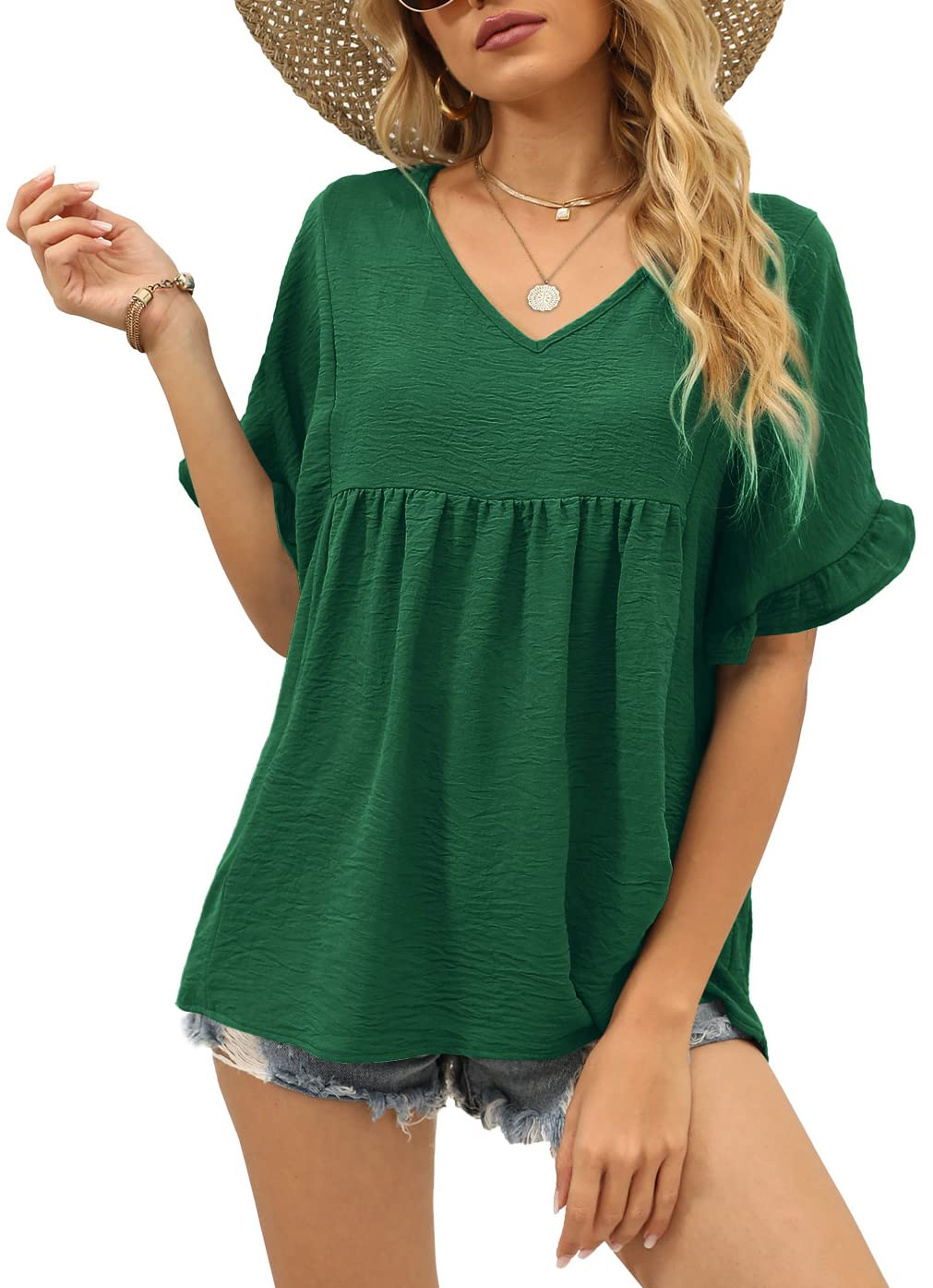 ✨Womens Tops Casual V Neck Ruffle Sleeve T Shirts Babydoll Loose Fit Peplum Tops